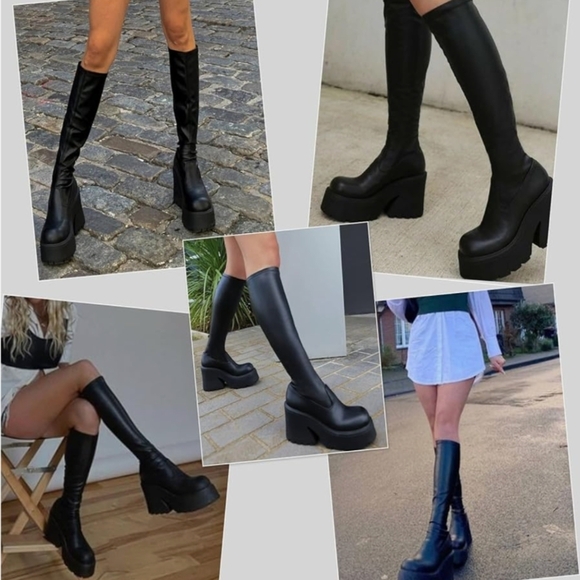 Womens Knee High Chunky Block Heel Sock Boots - Black Size 8 - Picture 3 of 12